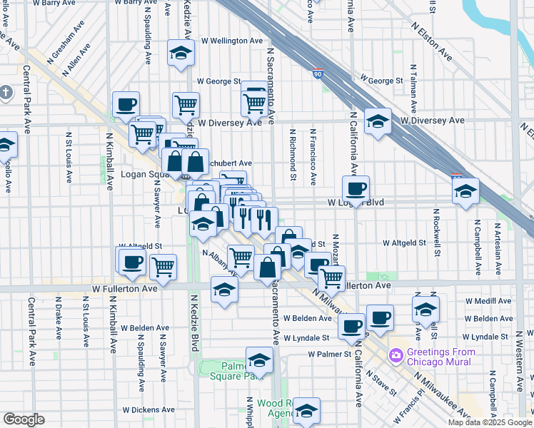 map of restaurants, bars, coffee shops, grocery stores, and more near 3005 West Logan Boulevard in Chicago
