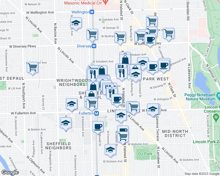 map of restaurants, bars, coffee shops, grocery stores, and more near 855 West Lill Avenue in Chicago