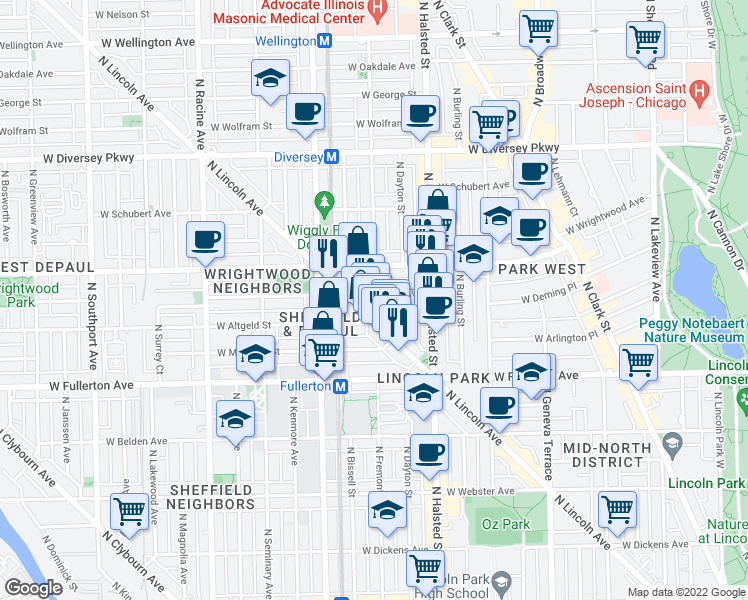 map of restaurants, bars, coffee shops, grocery stores, and more near 855 West Lill Avenue in Chicago