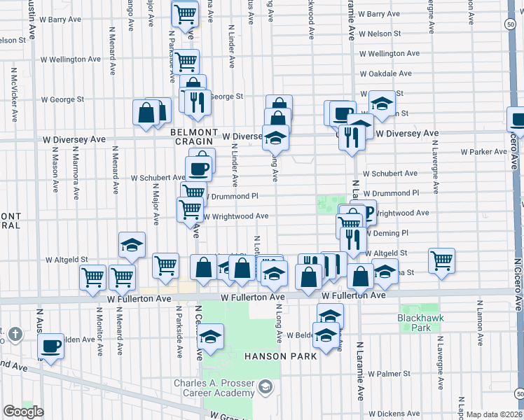 map of restaurants, bars, coffee shops, grocery stores, and more near 5416 West Wrightwood Avenue in Chicago