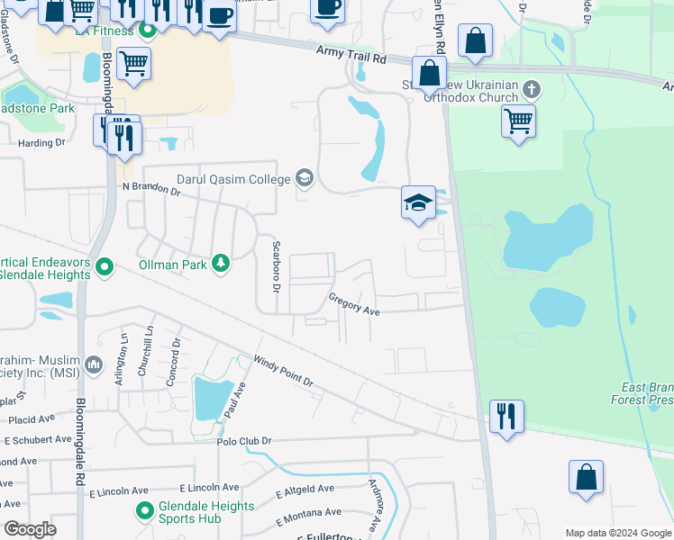 map of restaurants, bars, coffee shops, grocery stores, and more near 1893 Somerset Drive in Glendale Heights