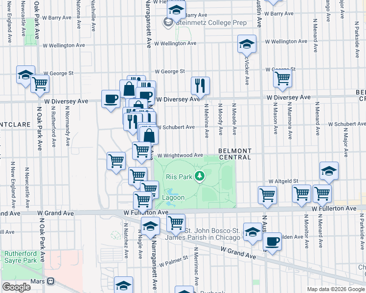 map of restaurants, bars, coffee shops, grocery stores, and more near 2617 North Mobile Avenue in Chicago