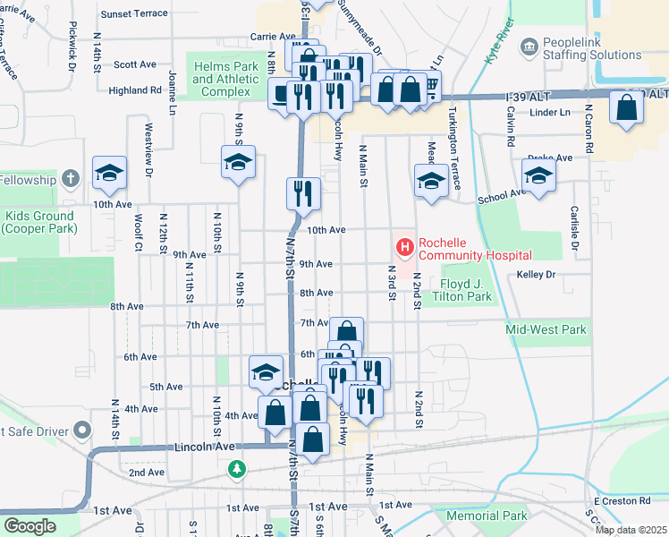 map of restaurants, bars, coffee shops, grocery stores, and more near 828 Lincoln Highway in Rochelle