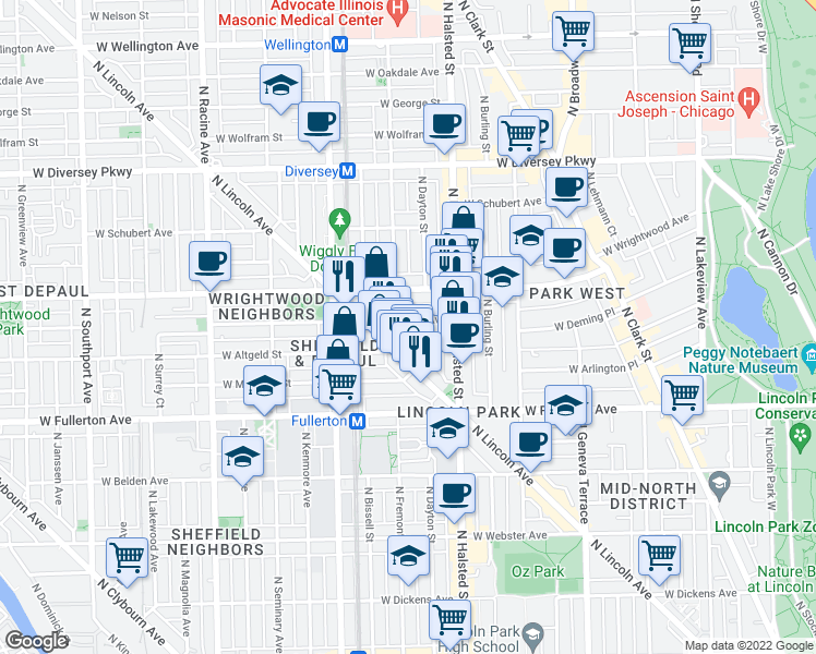 map of restaurants, bars, coffee shops, grocery stores, and more near 851 West Lill Avenue in Chicago