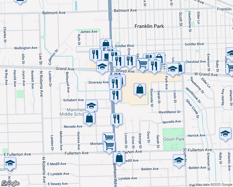 map of restaurants, bars, coffee shops, grocery stores, and more near 2717 Mannheim Rd in Franklin Park