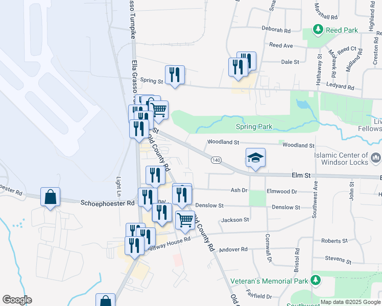 map of restaurants, bars, coffee shops, grocery stores, and more near 11 Windwood Drive in Windsor Locks