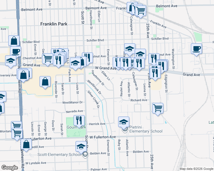 map of restaurants, bars, coffee shops, grocery stores, and more near 2711 Hawthorne St in Franklin Park