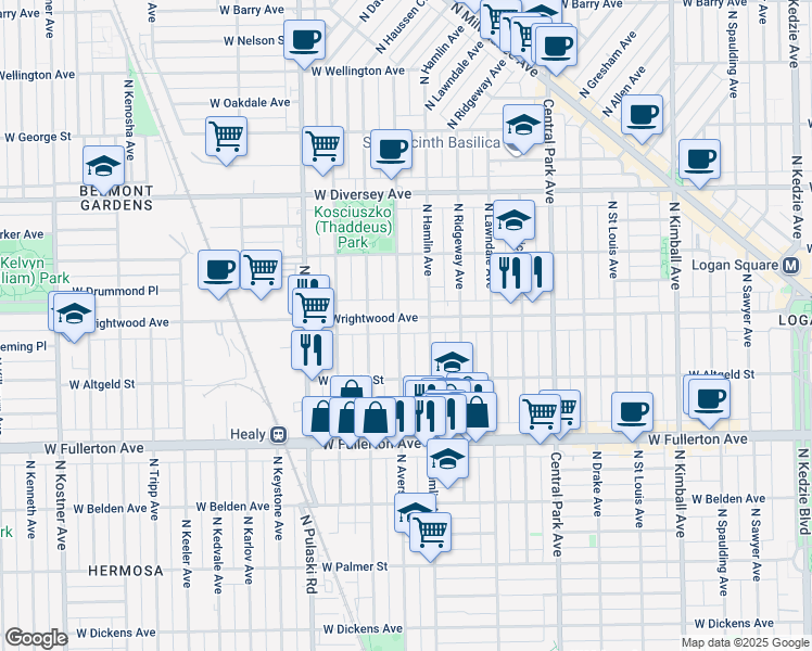 map of restaurants, bars, coffee shops, grocery stores, and more near 3821 West Wrightwood Avenue in Chicago