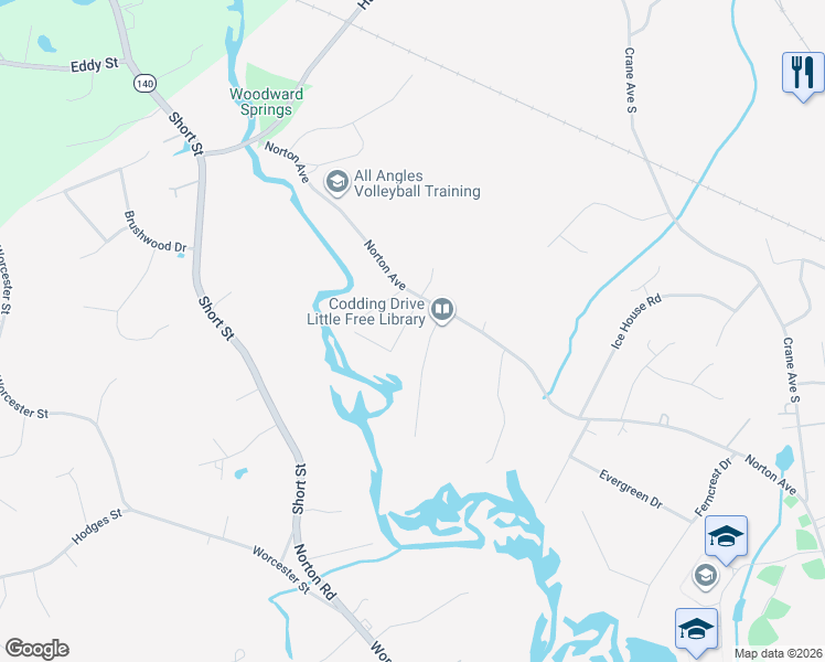 map of restaurants, bars, coffee shops, grocery stores, and more near 32 Country Way in Taunton