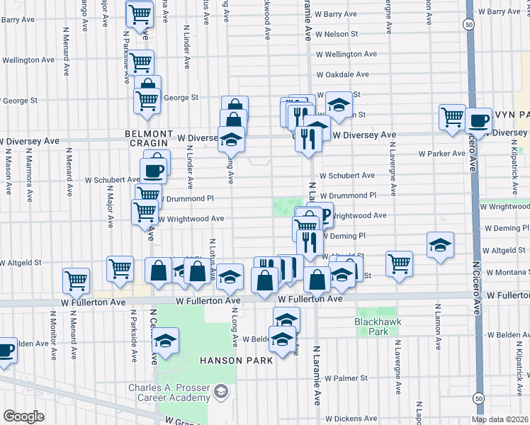 map of restaurants, bars, coffee shops, grocery stores, and more near 2600 North Lockwood Avenue in Chicago