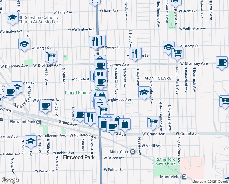 map of restaurants, bars, coffee shops, grocery stores, and more near 2626 North Mont Clare Avenue in Chicago
