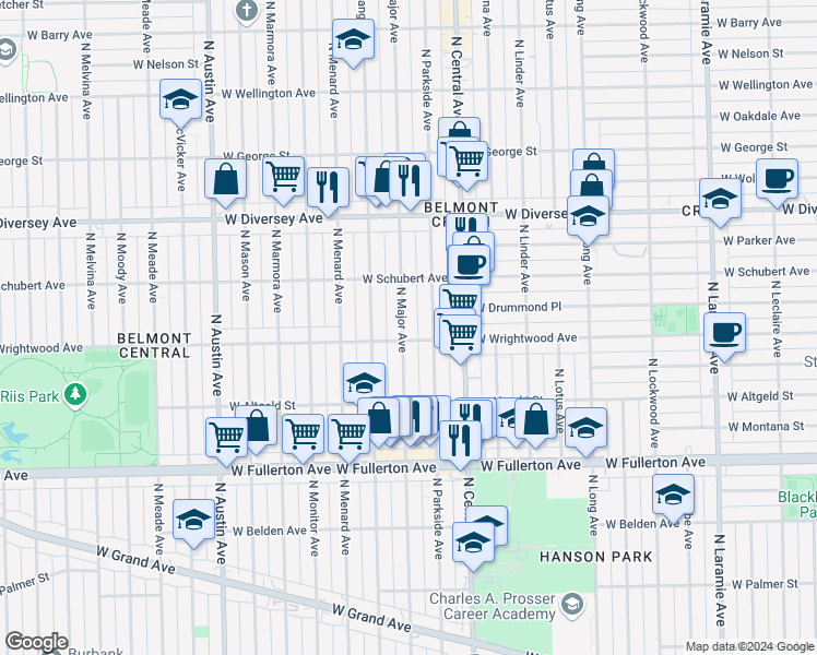 map of restaurants, bars, coffee shops, grocery stores, and more near 2611 North Major Avenue in Chicago