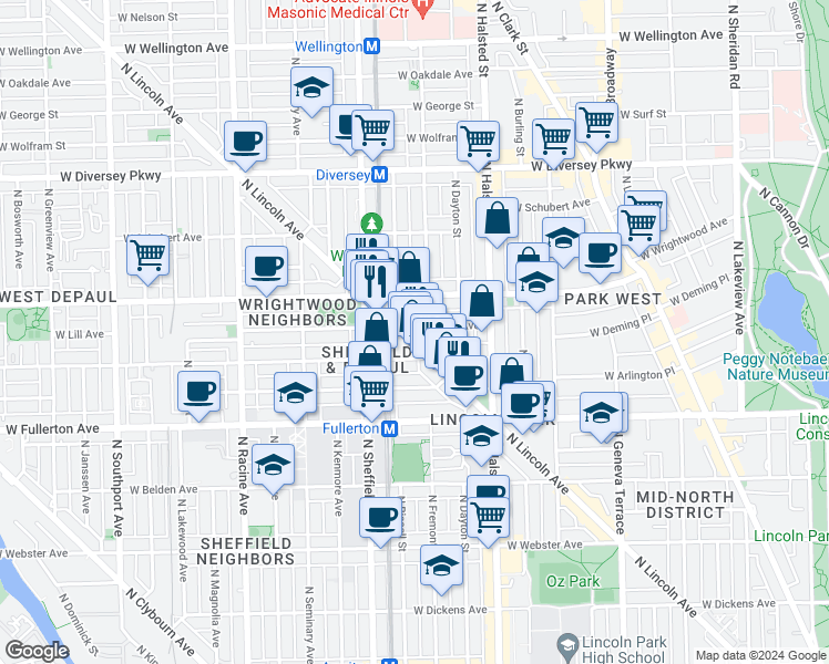 map of restaurants, bars, coffee shops, grocery stores, and more near 877 West Lill Avenue in Chicago