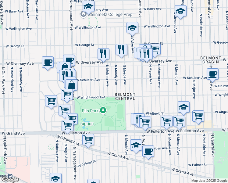 map of restaurants, bars, coffee shops, grocery stores, and more near 2614 North Moody Avenue in Chicago
