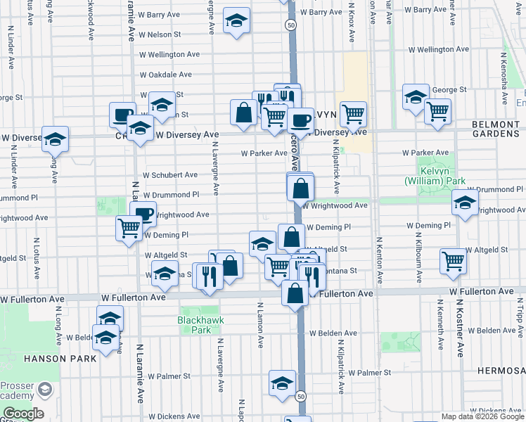 map of restaurants, bars, coffee shops, grocery stores, and more near 4850 West Wrightwood Avenue in Chicago