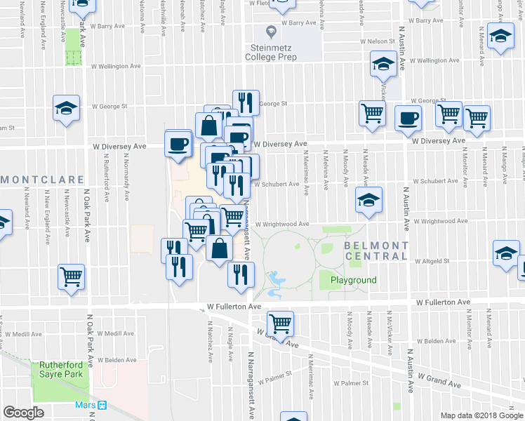 map of restaurants, bars, coffee shops, grocery stores, and more near 2620 North Mulligan Avenue in Chicago