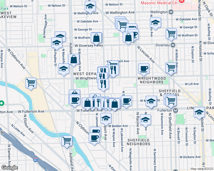 map of restaurants, bars, coffee shops, grocery stores, and more near 2531 North Southport Avenue in Chicago