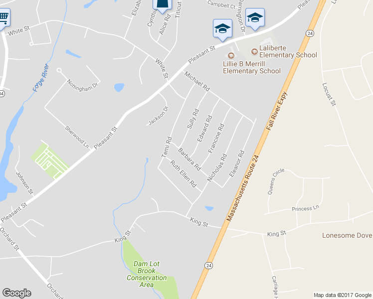 map of restaurants, bars, coffee shops, grocery stores, and more near 44 Barbara Road in Raynham