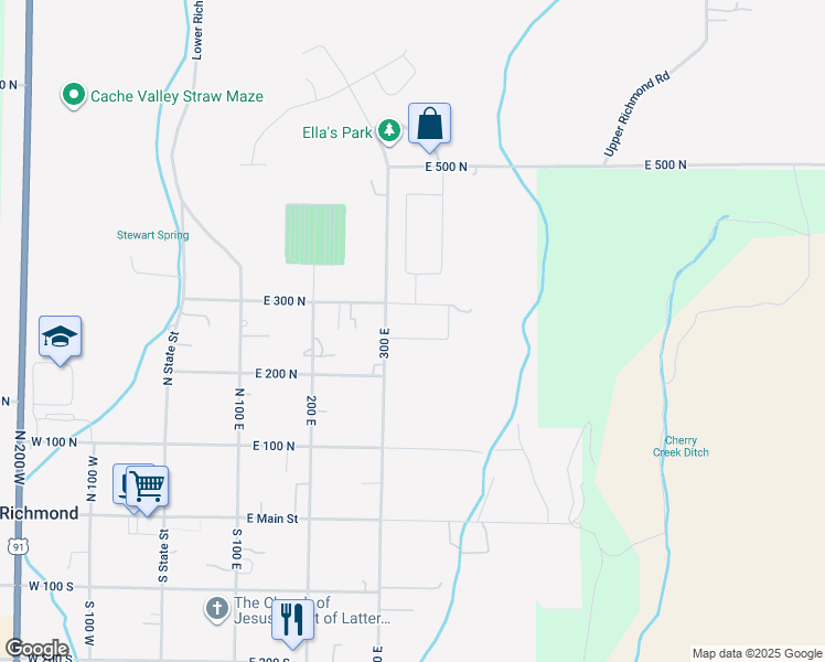 map of restaurants, bars, coffee shops, grocery stores, and more near 341 East 250 North in Richmond