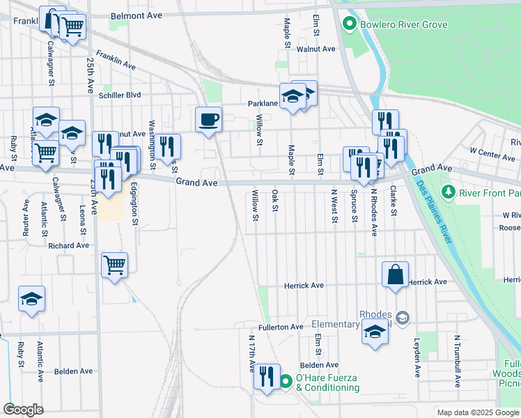 map of restaurants, bars, coffee shops, grocery stores, and more near 2627 Willow Street in Franklin Park