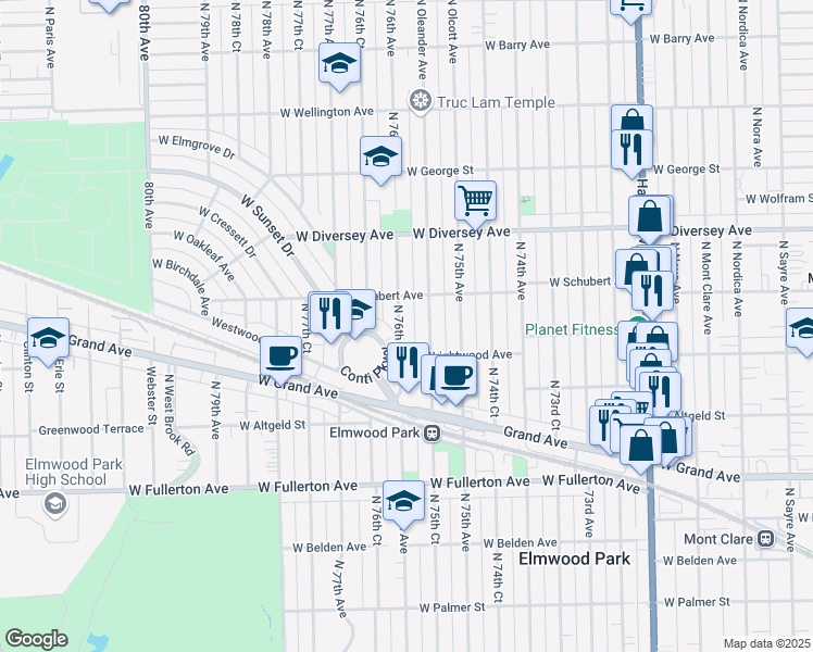 map of restaurants, bars, coffee shops, grocery stores, and more near 2625 North 76th Avenue in Elmwood Park