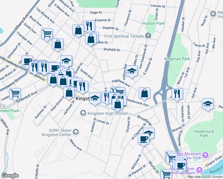 map of restaurants, bars, coffee shops, grocery stores, and more near 49 Park Street in Kingston