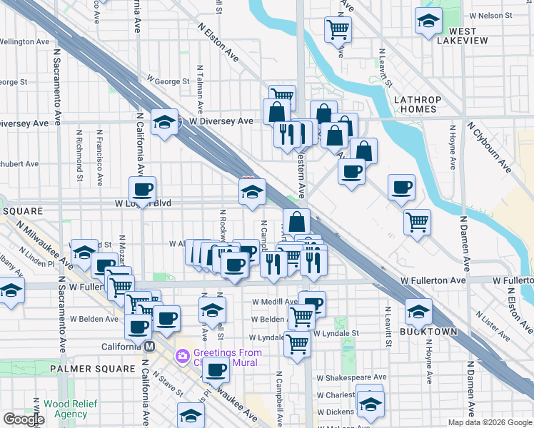 map of restaurants, bars, coffee shops, grocery stores, and more near 2518 North Campbell Avenue in Chicago