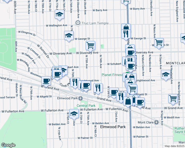 map of restaurants, bars, coffee shops, grocery stores, and more near 2622 North 74th Court in Elmwood Park