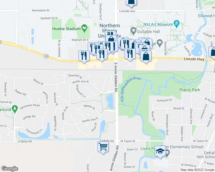 map of restaurants, bars, coffee shops, grocery stores, and more near 389 Deerpath Lane West in DeKalb