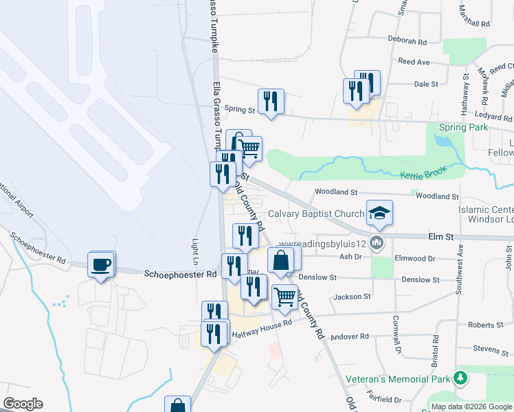 map of restaurants, bars, coffee shops, grocery stores, and more near 20 Old County Road in Windsor Locks