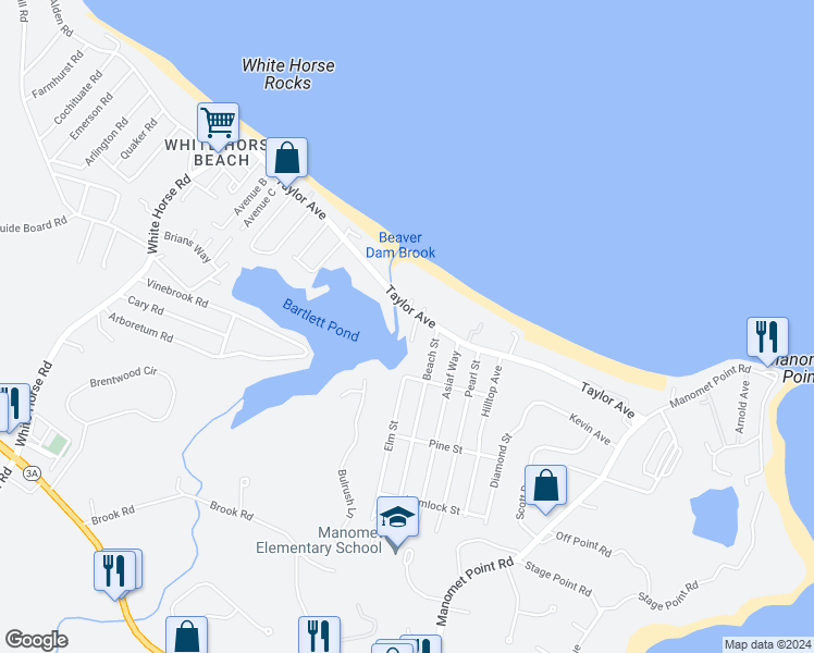 map of restaurants, bars, coffee shops, grocery stores, and more near 124 Taylor Avenue in Plymouth
