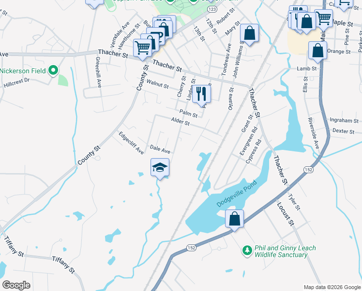 map of restaurants, bars, coffee shops, grocery stores, and more near 139 Linden Street in Attleboro