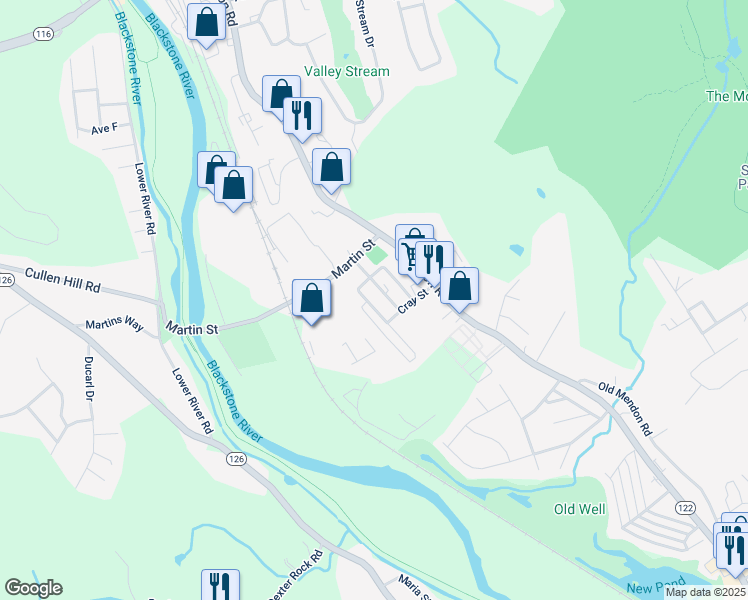 map of restaurants, bars, coffee shops, grocery stores, and more near 7 Woodward Street in Cumberland