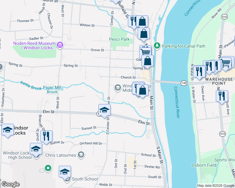 map of restaurants, bars, coffee shops, grocery stores, and more near 7 Center Street in Windsor Locks