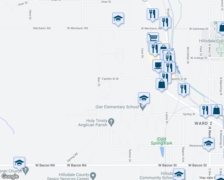 map of restaurants, bars, coffee shops, grocery stores, and more near 210 Fayette Street West in Hillsdale