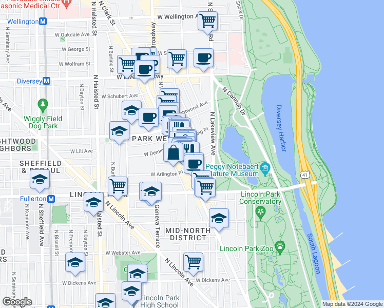 map of restaurants, bars, coffee shops, grocery stores, and more near 439 West Saint James Place in Chicago