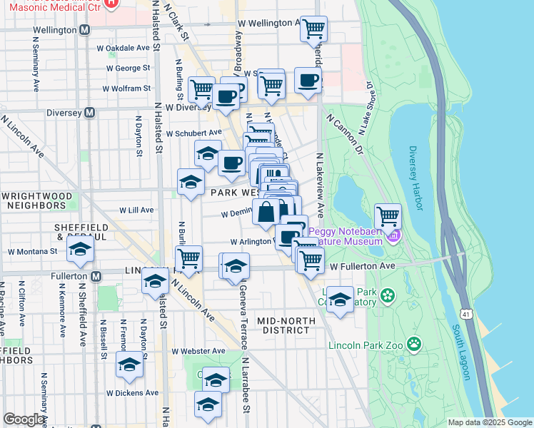 map of restaurants, bars, coffee shops, grocery stores, and more near 2504 North Clark Street in Chicago