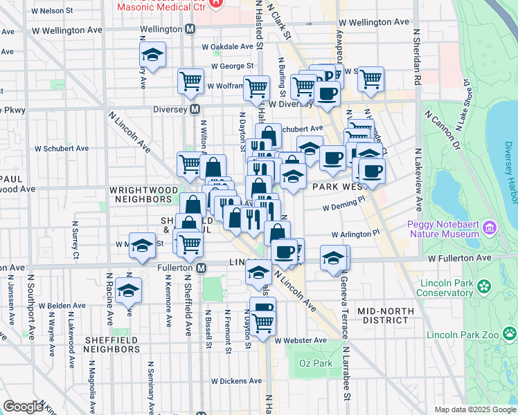 map of restaurants, bars, coffee shops, grocery stores, and more near 815 West Lill Avenue in Chicago