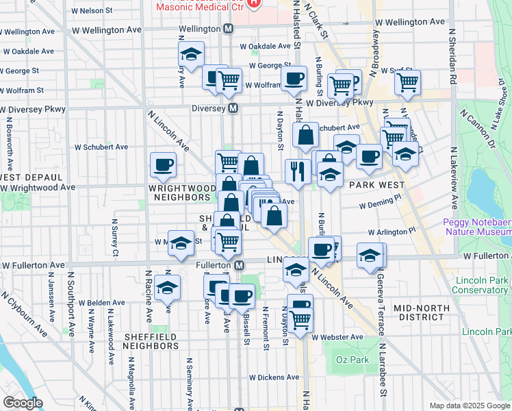 map of restaurants, bars, coffee shops, grocery stores, and more near 855 West Lill Avenue in Chicago