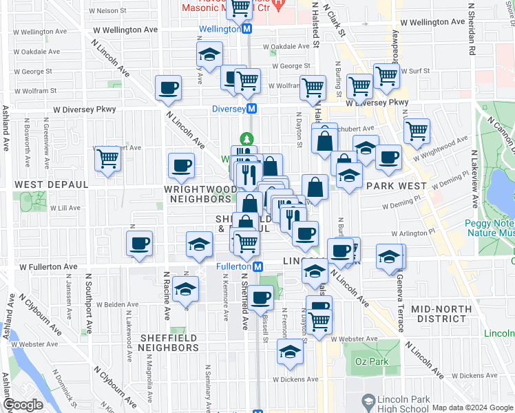map of restaurants, bars, coffee shops, grocery stores, and more near in Chicago