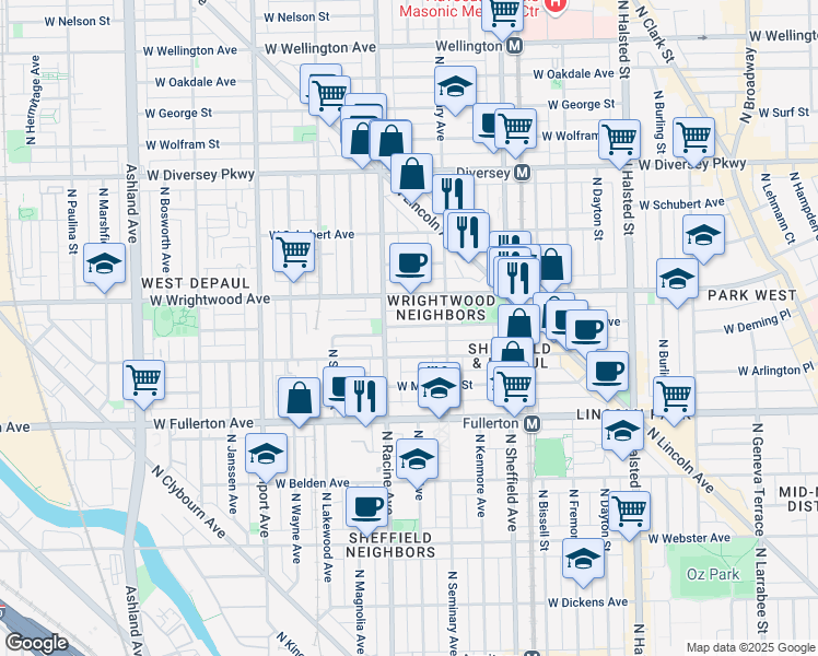 map of restaurants, bars, coffee shops, grocery stores, and more near in Chicago