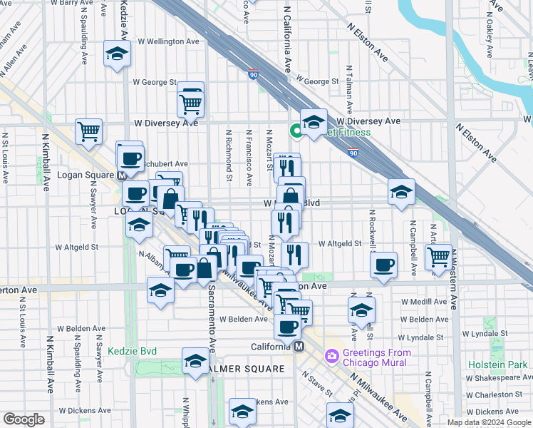 map of restaurants, bars, coffee shops, grocery stores, and more near 2839 West Logan Boulevard in Chicago
