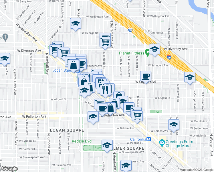 map of restaurants, bars, coffee shops, grocery stores, and more near 3025 West Logan Boulevard in Chicago