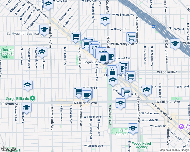 map of restaurants, bars, coffee shops, grocery stores, and more near 3261 West Wrightwood Avenue in Chicago