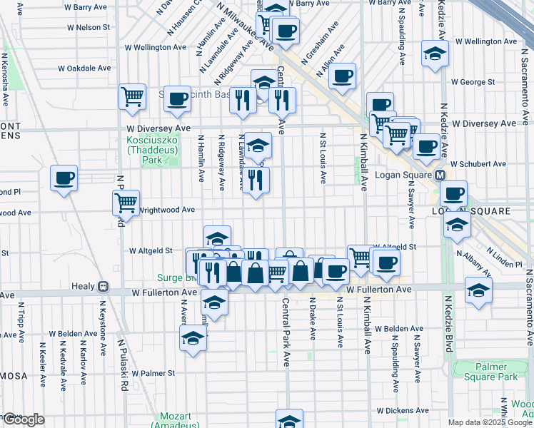 map of restaurants, bars, coffee shops, grocery stores, and more near 2576 North Monticello Avenue in Chicago
