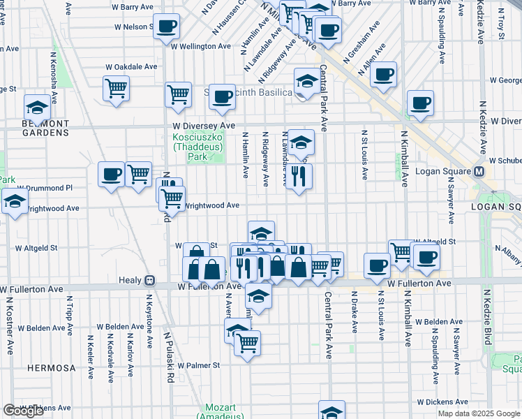 map of restaurants, bars, coffee shops, grocery stores, and more near 3749 West Wrightwood Avenue in Chicago