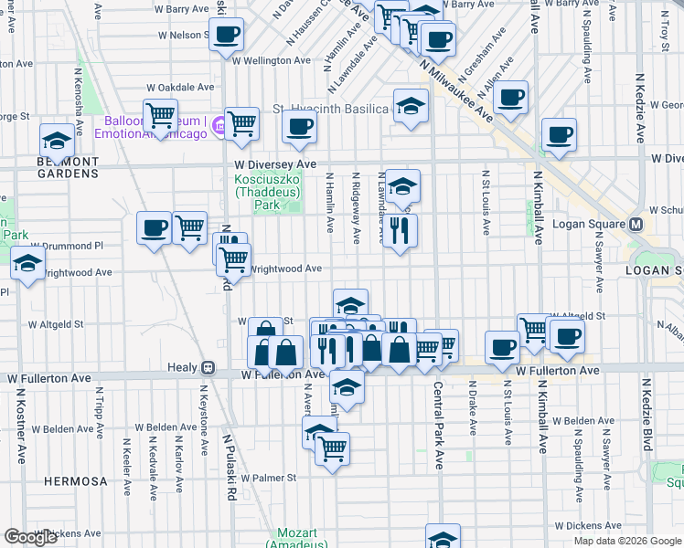 map of restaurants, bars, coffee shops, grocery stores, and more near 3749 West Wrightwood Avenue in Chicago