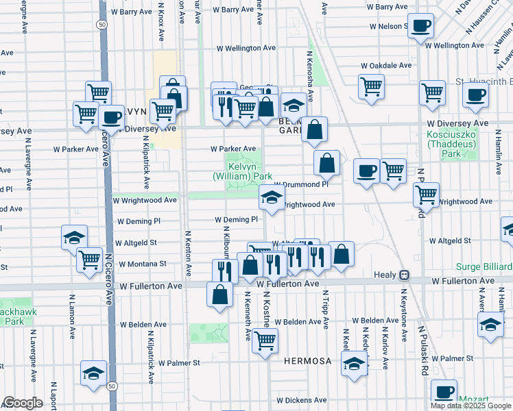 map of restaurants, bars, coffee shops, grocery stores, and more near 4343 West Wrightwood Avenue in Chicago
