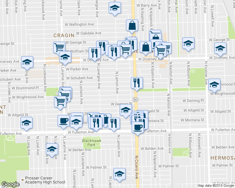 map of restaurants, bars, coffee shops, grocery stores, and more near 4846 West Wrightwood Avenue in Chicago