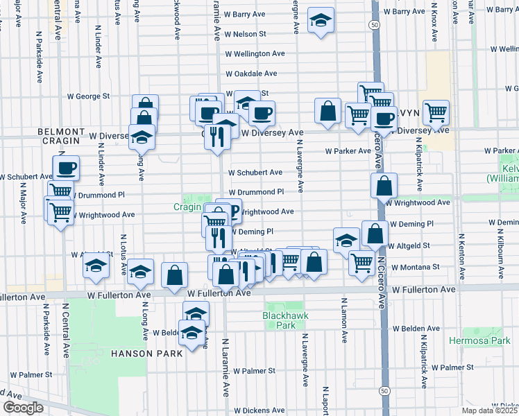 map of restaurants, bars, coffee shops, grocery stores, and more near 5112 West Wrightwood Avenue in Chicago